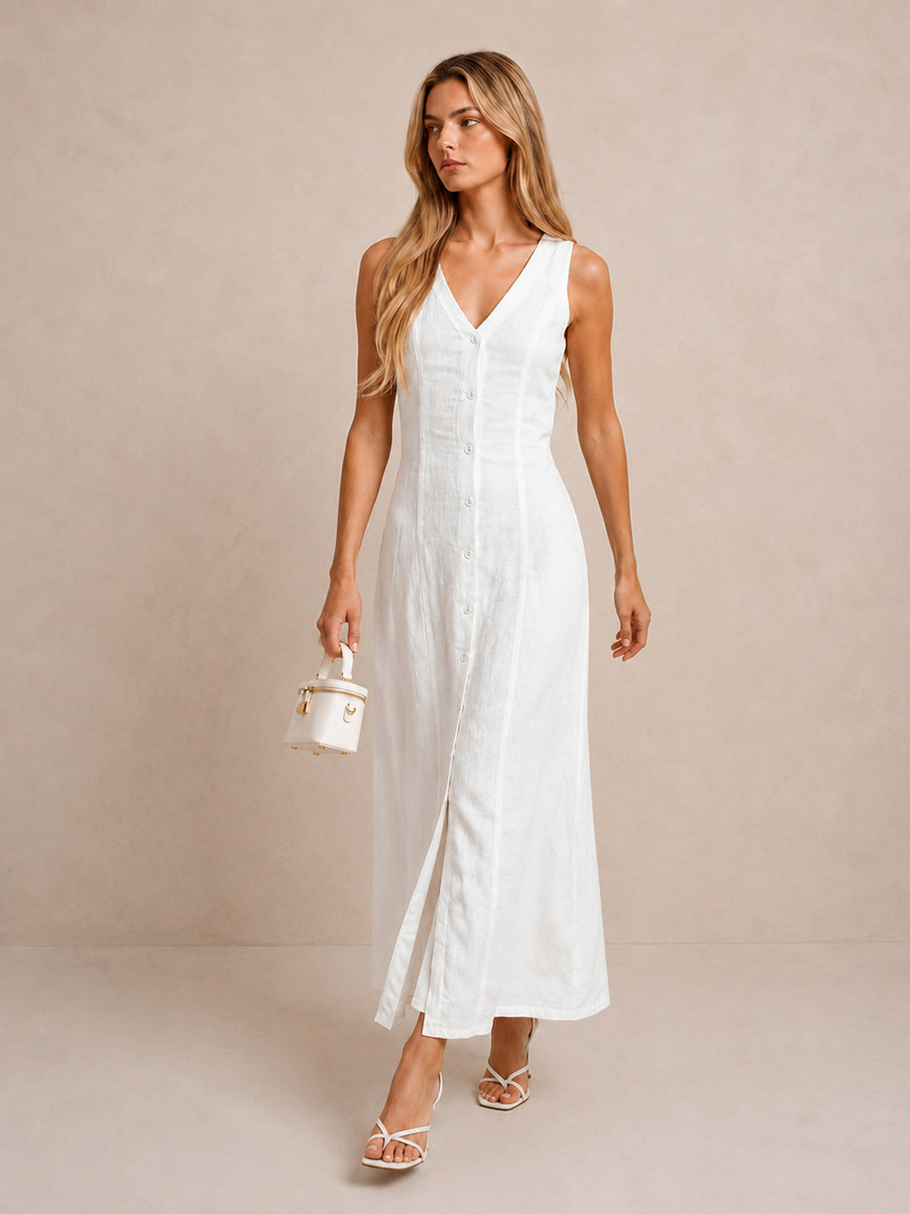 Sleeveless Button Linen Maxi Dress