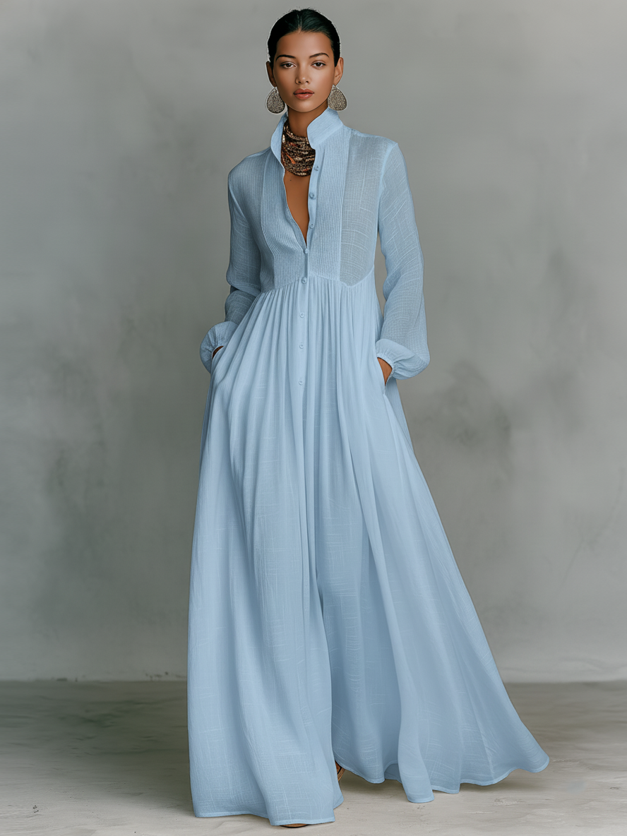 Linen Long Maxi Dress for Women with High Collar and Button Front - Flowy Boho Style White Summer Dress