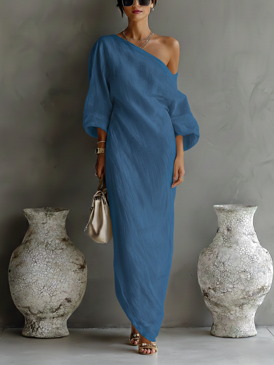 Linen One Shoulder Maxi Dress Elegant Draped Asymmetric Flowy Long Summer Dress for Women