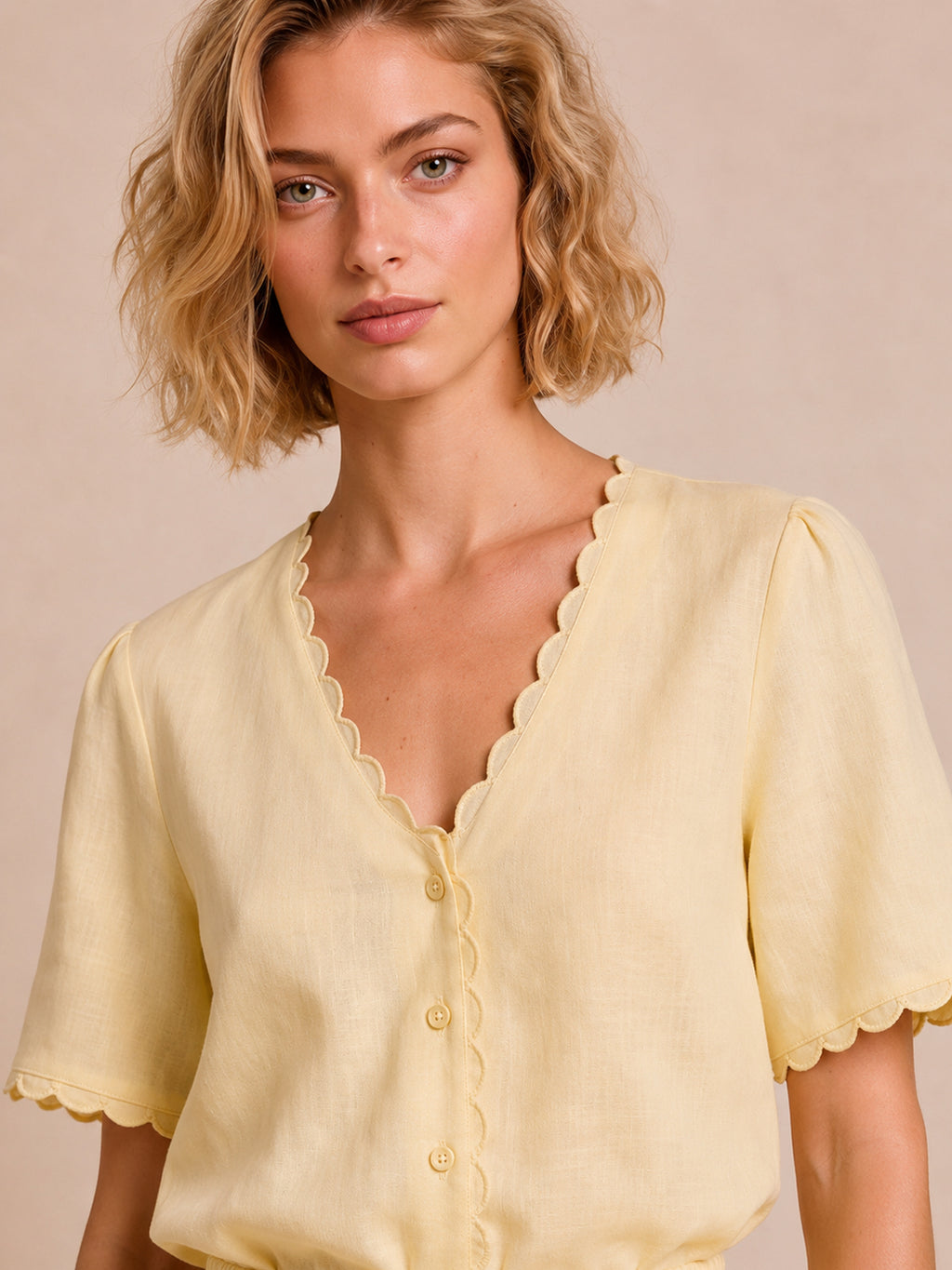 Linen-Blend Scalloped Trim Romper with V-Neck & Elastic Waist