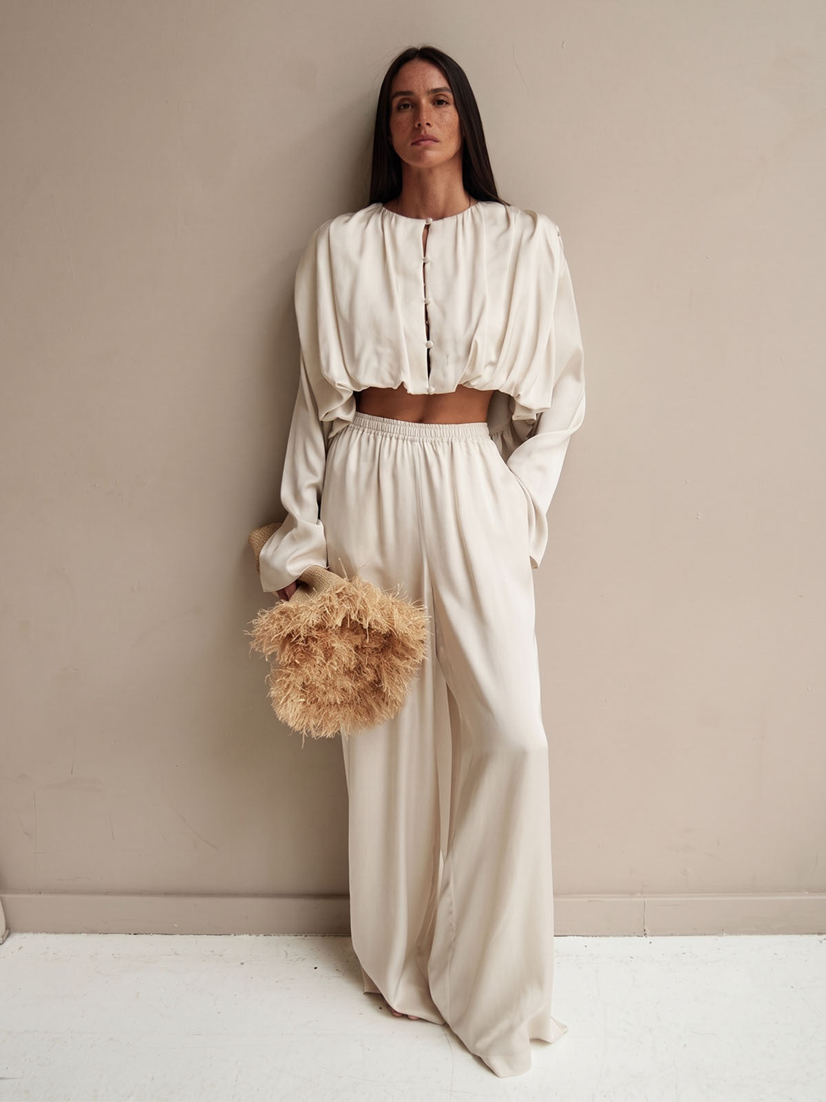 Satin Puff Sleeve Wide Leg Two-Piece Set