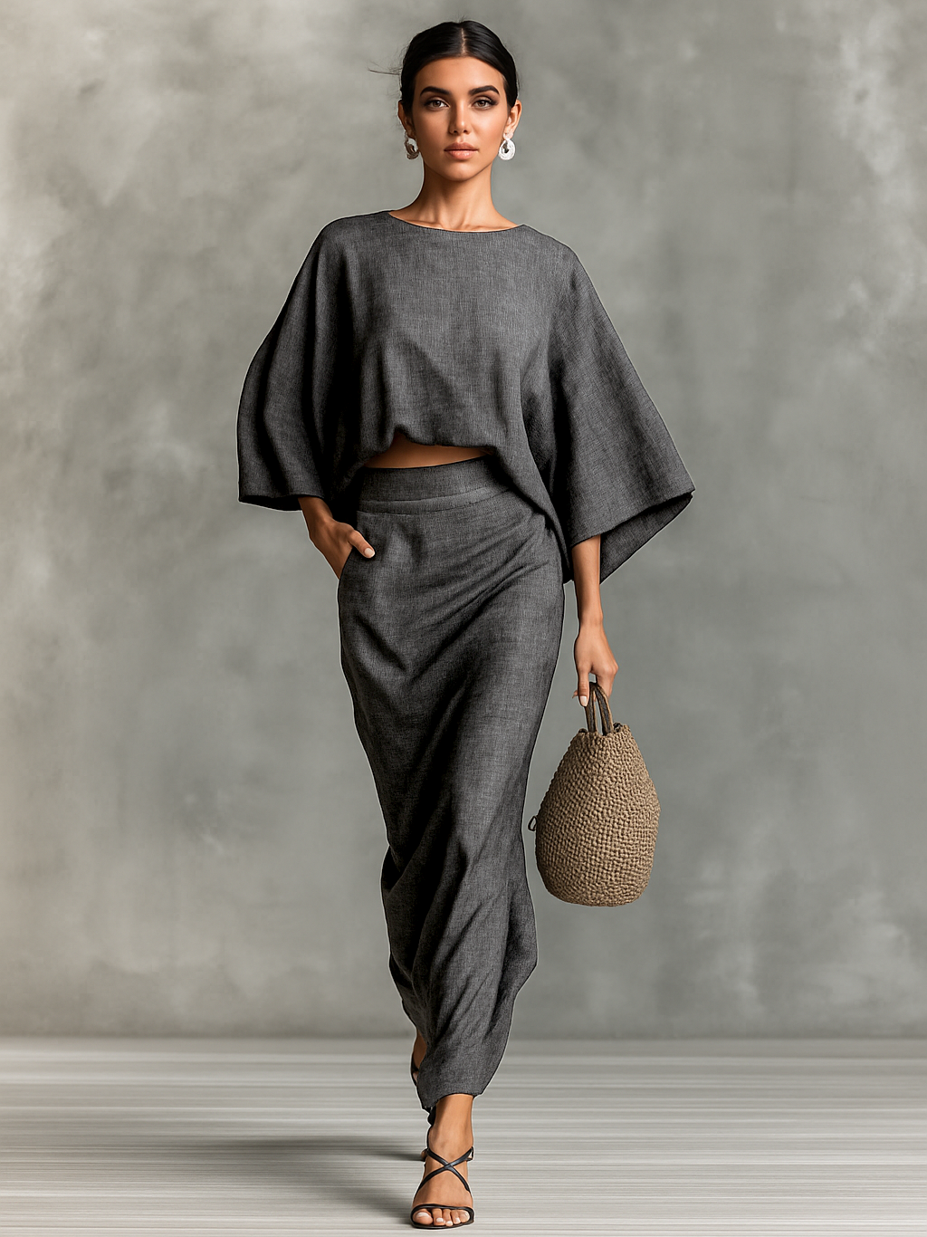 Linen Crop Top and Wide Leg Pants Set Boho Style Loose Fit Women's Two-Piece Outfit