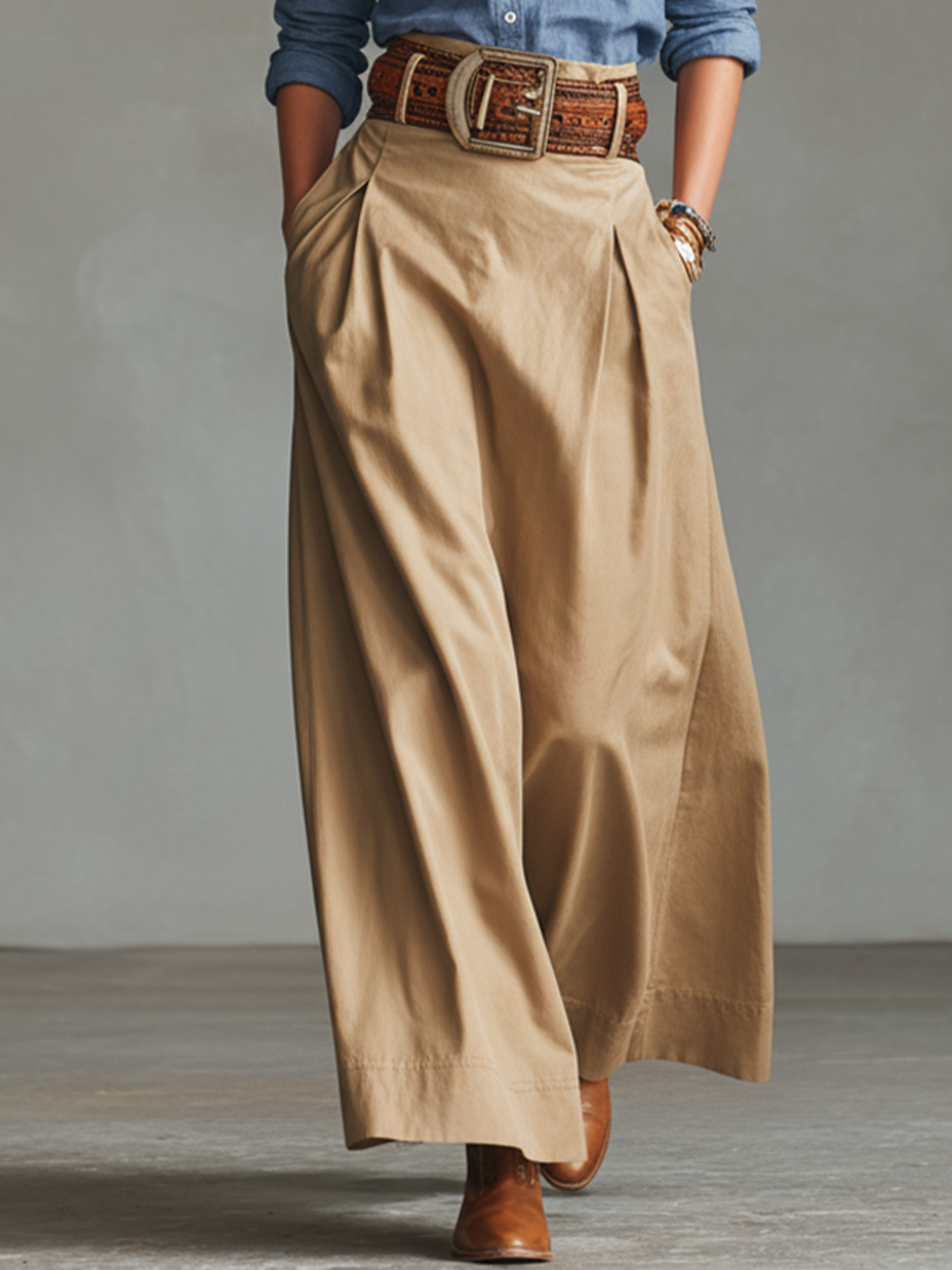 Cotton Wide-Leg Pleated Trousers for Women - Comfortable, High-Waisted, Long Pants with Side Pockets and Belted Design