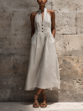Linen Halter Neck Midi Dress with Button Front and Wide Belted Waist