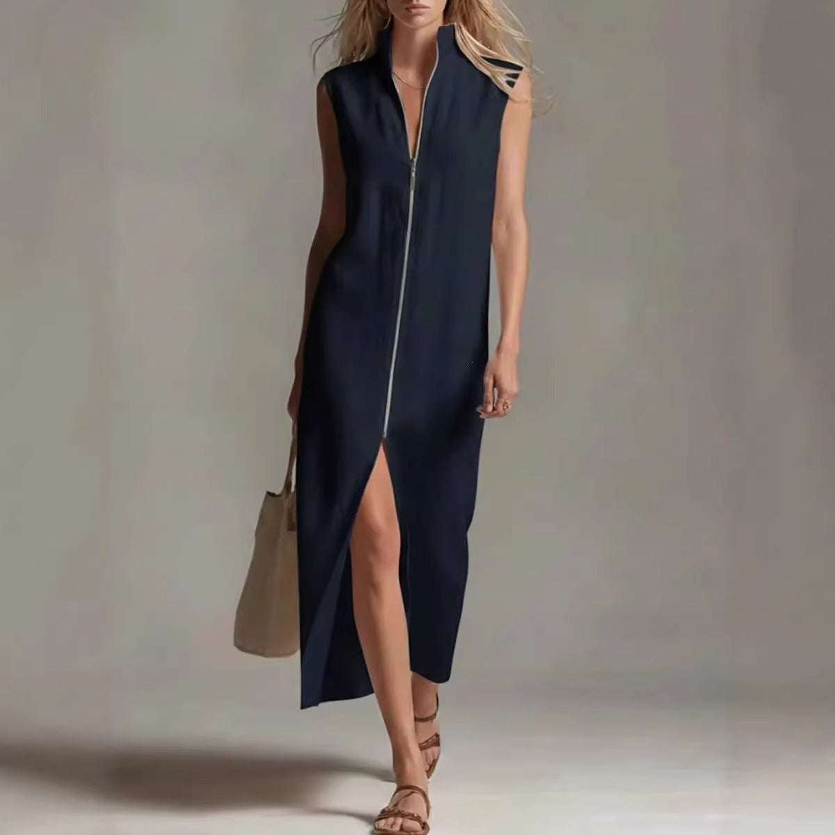 Stand Collar Zip Front Sleeveless Midi Dress
