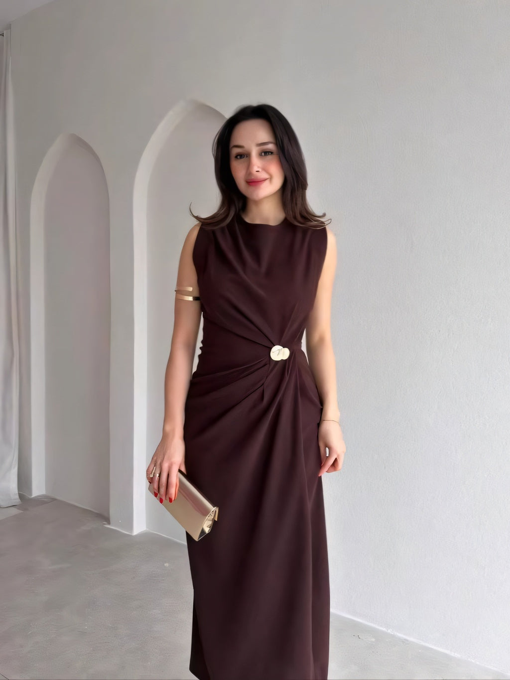 Metal Buckle Fitted Midi Dress