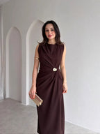 Metal Buckle Fitted Midi Dress