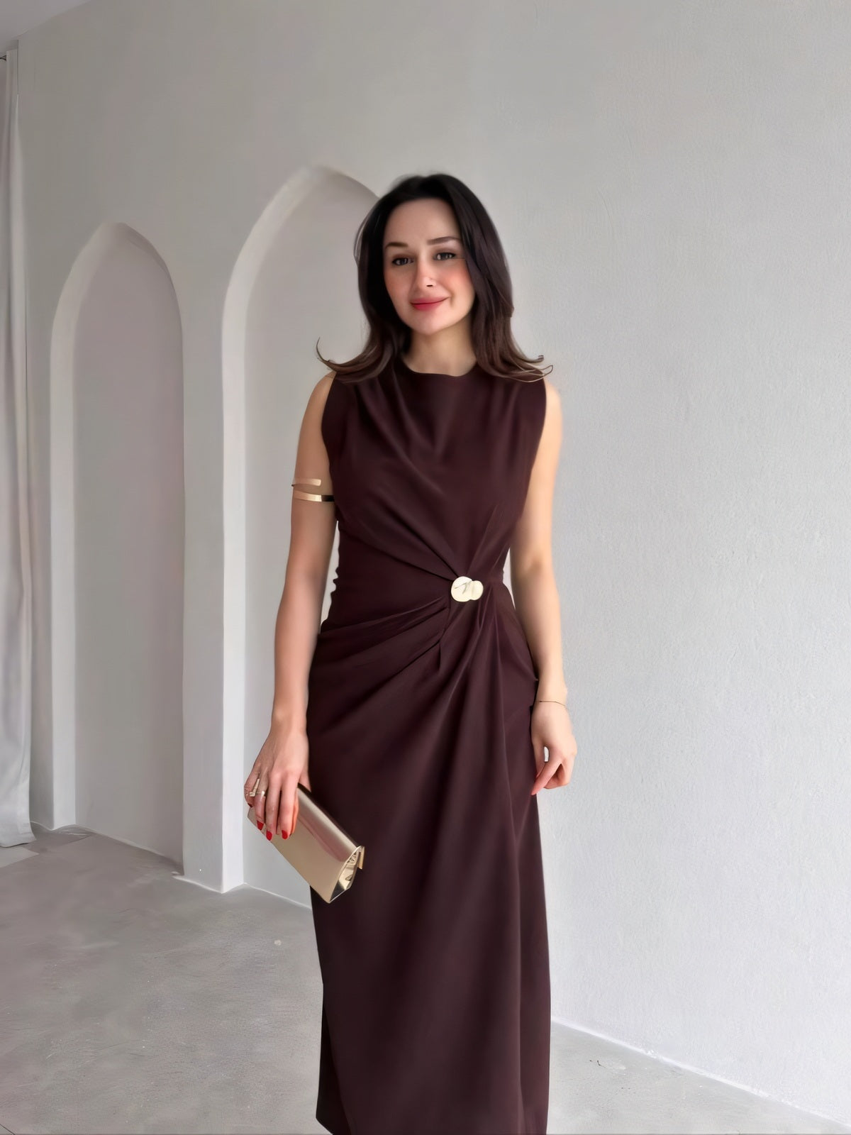Metal Buckle Fitted Midi Dress