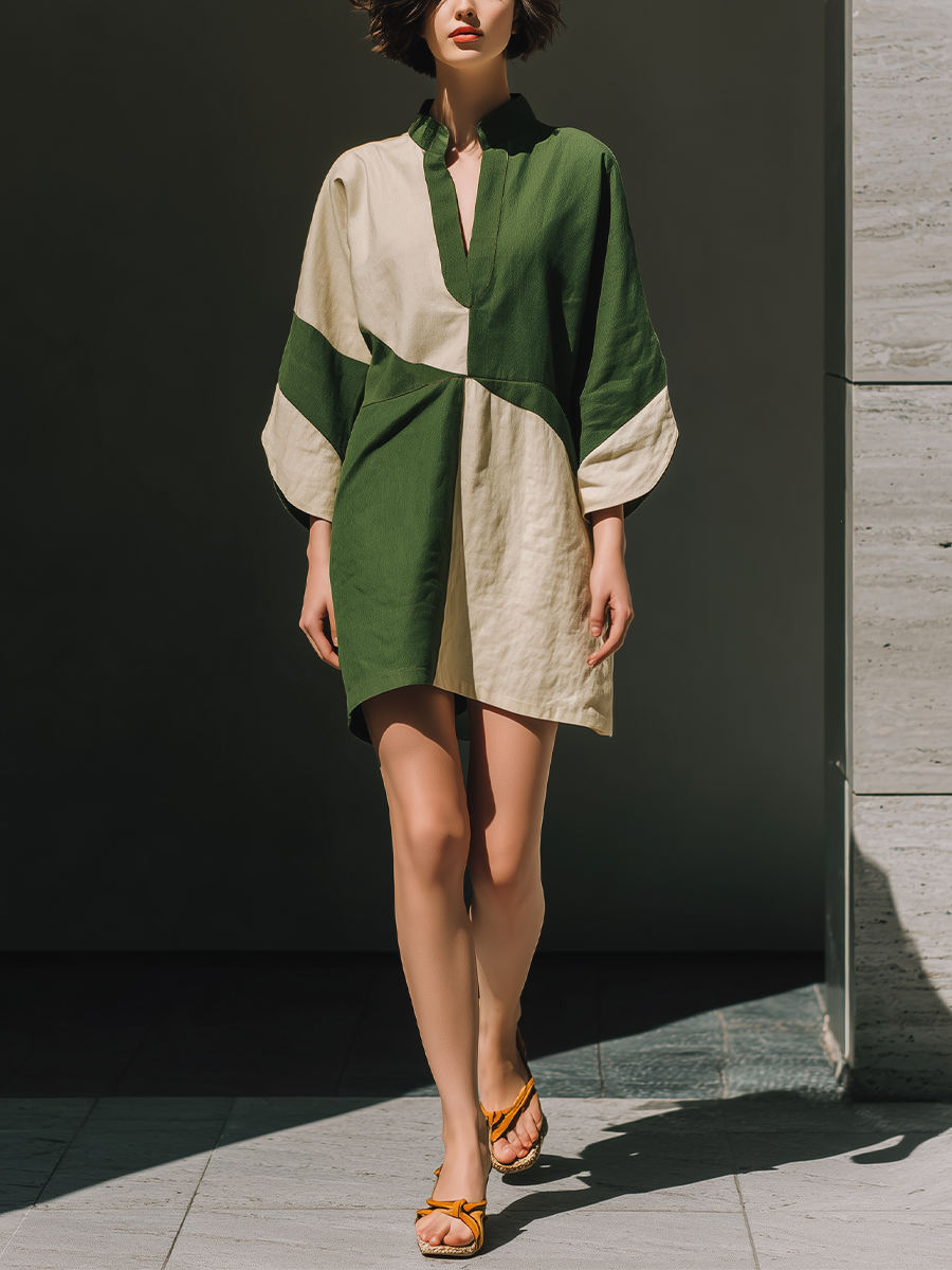 Linen Blend Color-Block Tunic Dress with V-Neck and Wide Sleeves