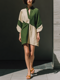 Linen Blend Color-Block Tunic Dress with V-Neck and Wide Sleeves