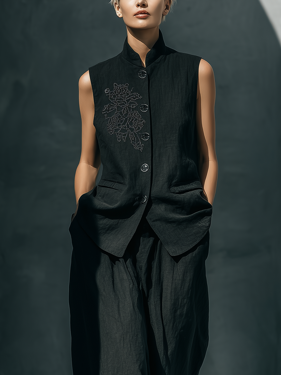 Linen Sleeveless Mandarin Collar Vest with Embroidered Floral Design for Women