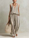 Linen Striped V-Neck Sleeveless Jumpsuit with Wide Leg and Deep Plunge Neckline