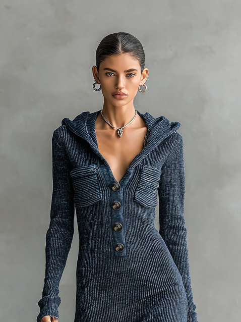 Ribbed Knit Hooded Long Sleeve Midi Dress with Button Front and Pockets