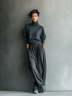 Weiches Strick-Rollkragenpullover-Set mit weiter Hose für Damen