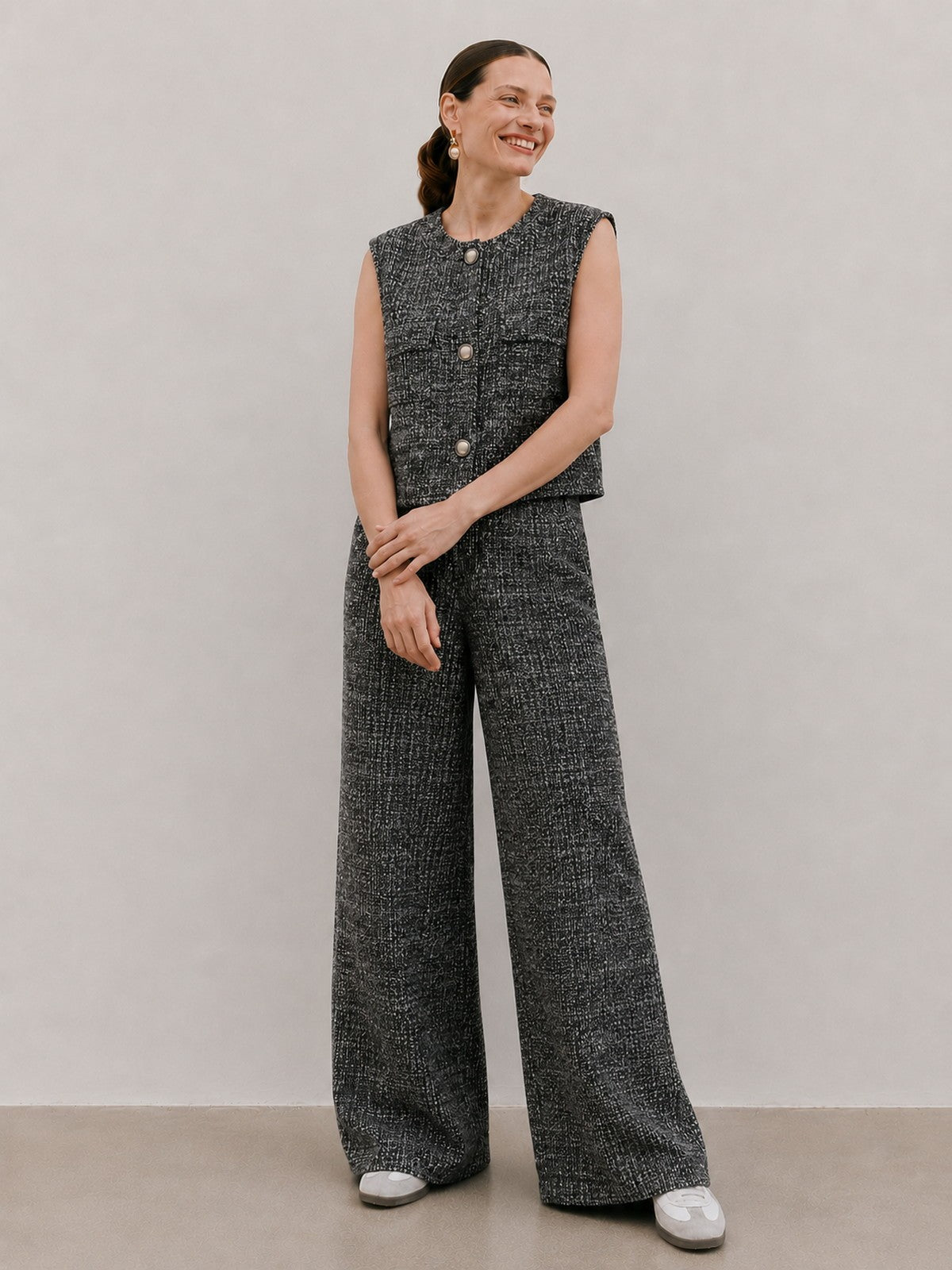 Textured Knit Vest Wide Leg Set
