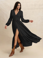 Lace V-Neck Slit Flowy Maxi Dress