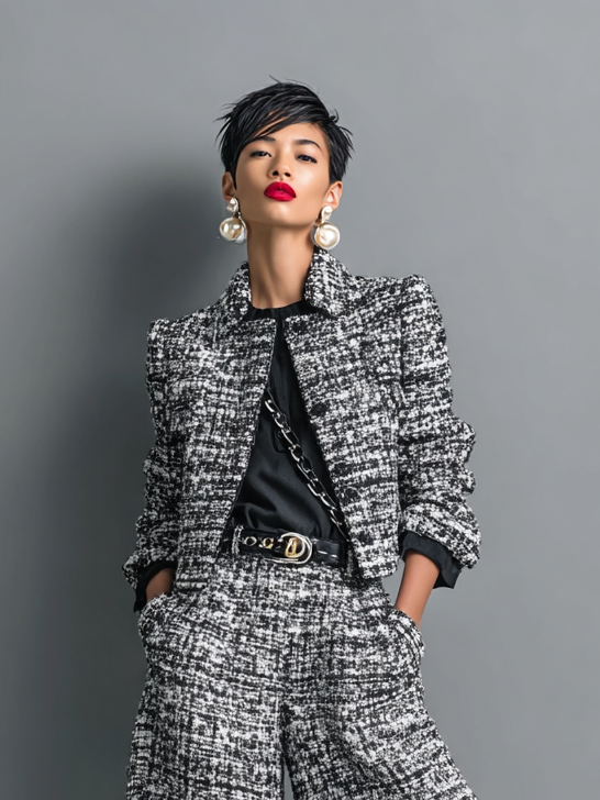 Tweed Wool Blend Wide Leg Pants & Blazer Set for Women - Stylish Office Workwear with Plaid Pattern and Belted Design