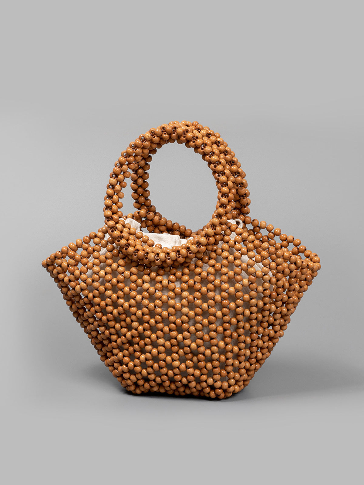 Wooden Bead Woven Tote Bag with Cotton Pouch