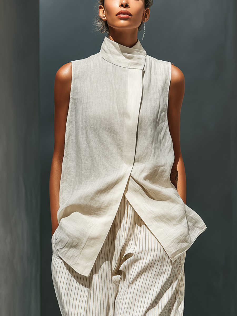 Linen Sleeveless Turtleneck Top with Draped Front and Striped Wide-Leg Pants Set