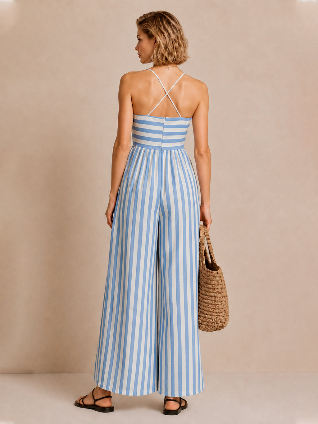 Deep-V Halter Striped Wide Jumpsuit