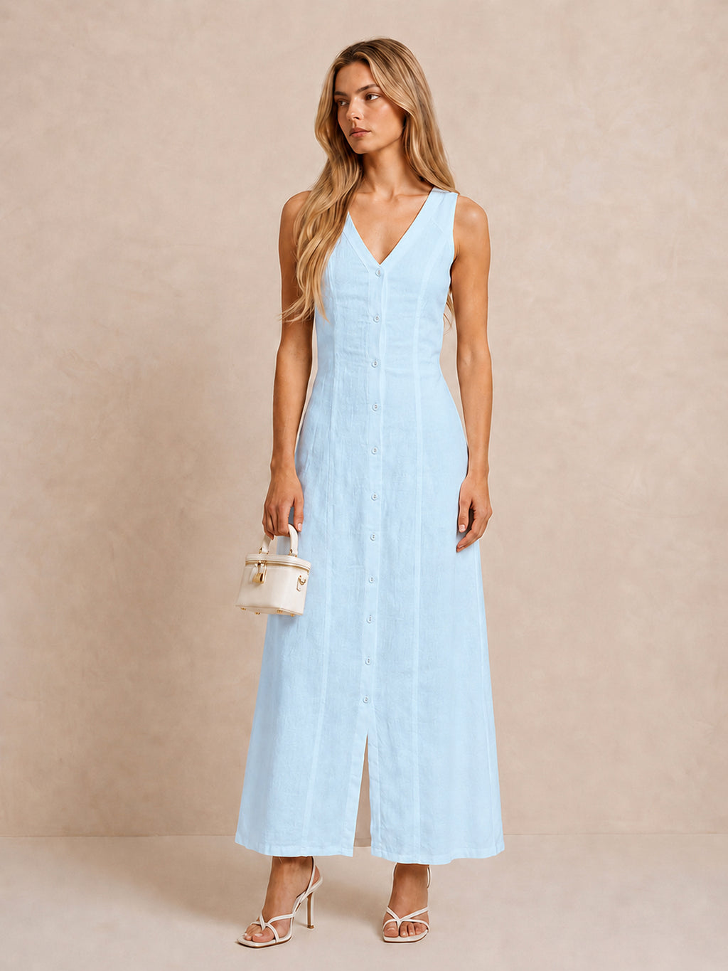 Sleeveless Button Linen Maxi Dress