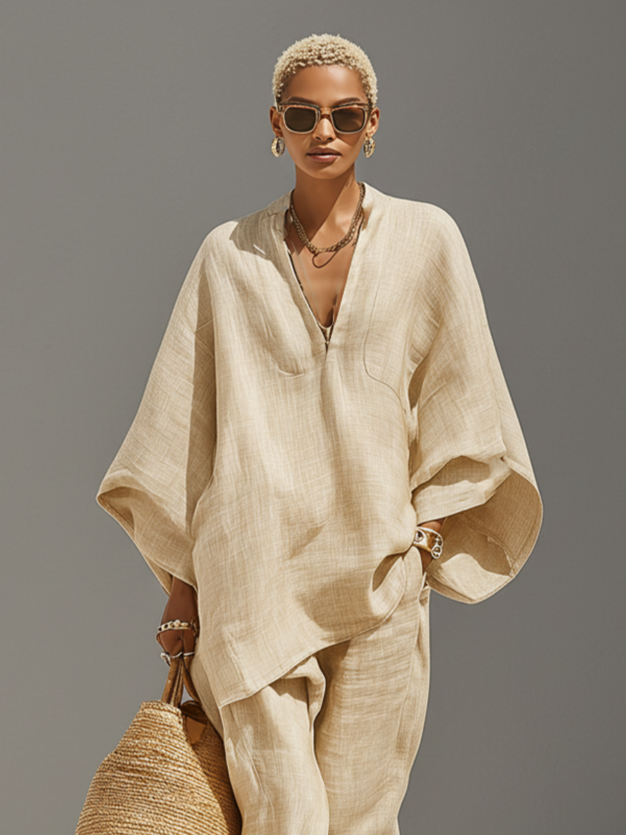 Linen Women's Boho Oversized V-Neck Tunic Top & Matching Pants Set