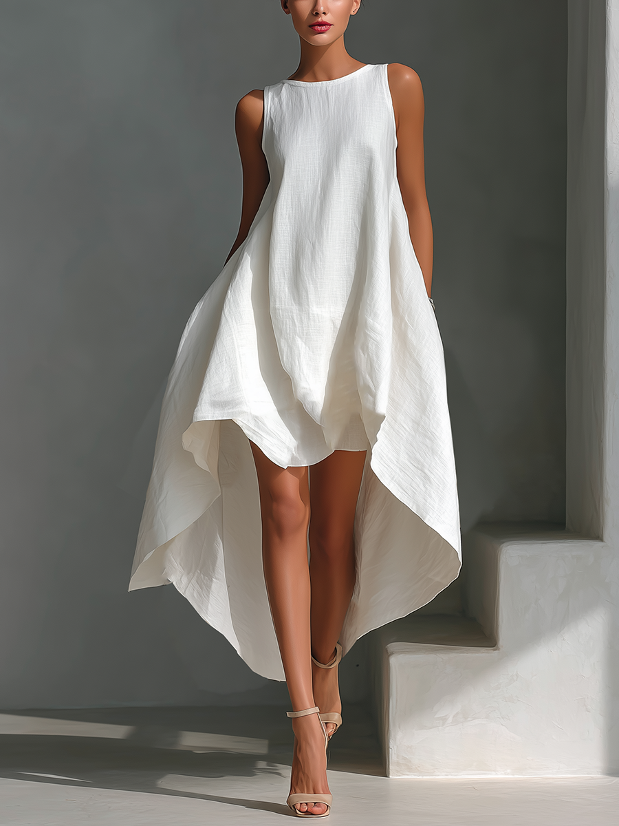 Linen Sleeveless High Low Dress Women Summer Casual Loose Fit Asymmetric Hem Maxi Dress