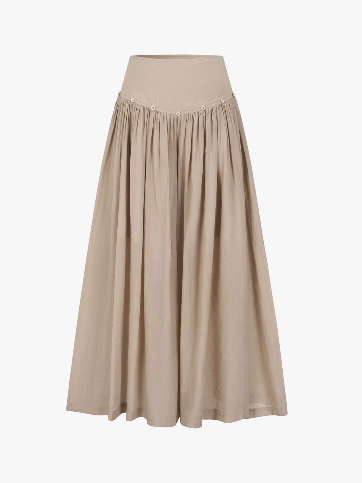 Button-Trim Gathered Midi Skirt