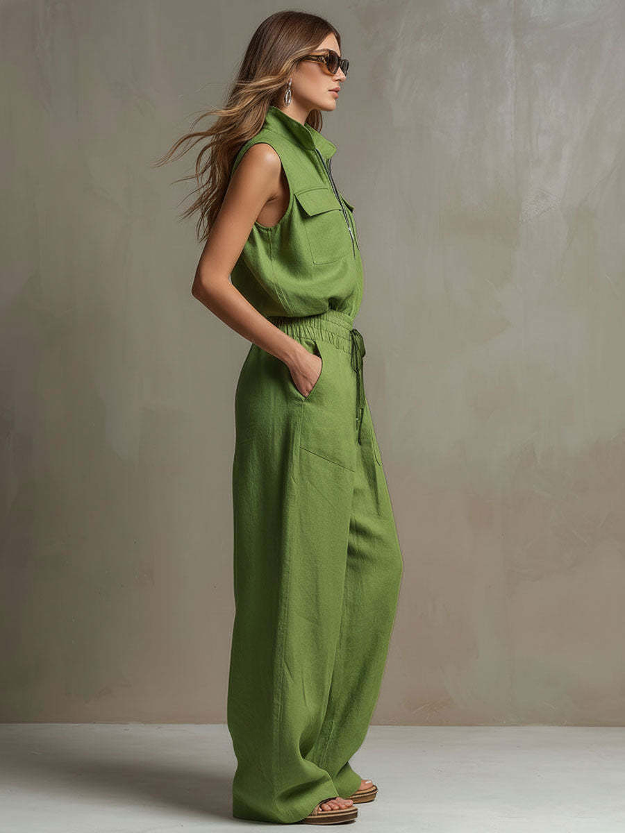 Linen Sleeveless Zip Up Top and Wide Leg Pants Set