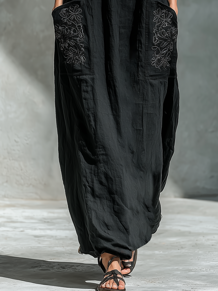 Linen Maxi Dress with Embroidered Floral Design and Button Front for Women