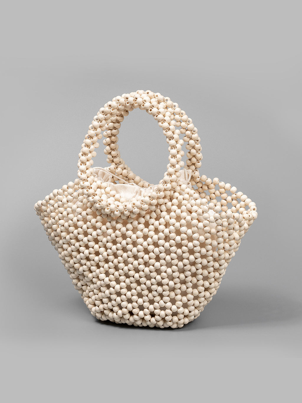 Wooden Bead Woven Tote Bag with Cotton Pouch