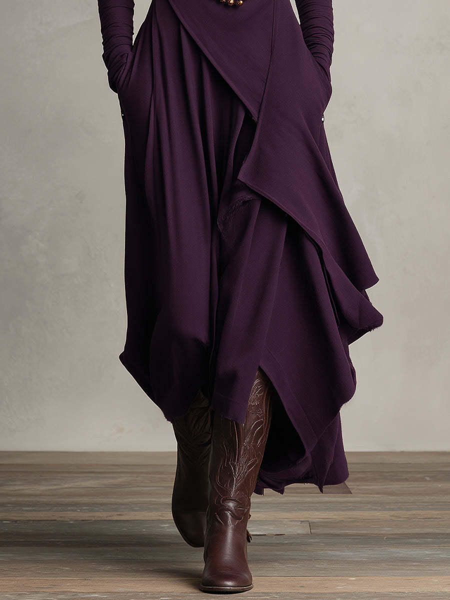 Asymmetric Draped Turtleneck Midi Dress