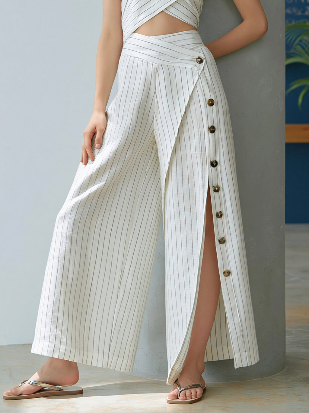 Cotton Linen Blend High Waist Wide Leg Pants with Side Button Detail Long Trousers for Women