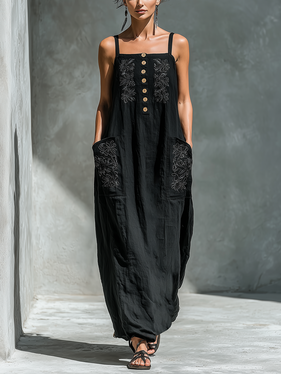 Linen Maxi Dress with Embroidered Floral Design and Button Front for Women