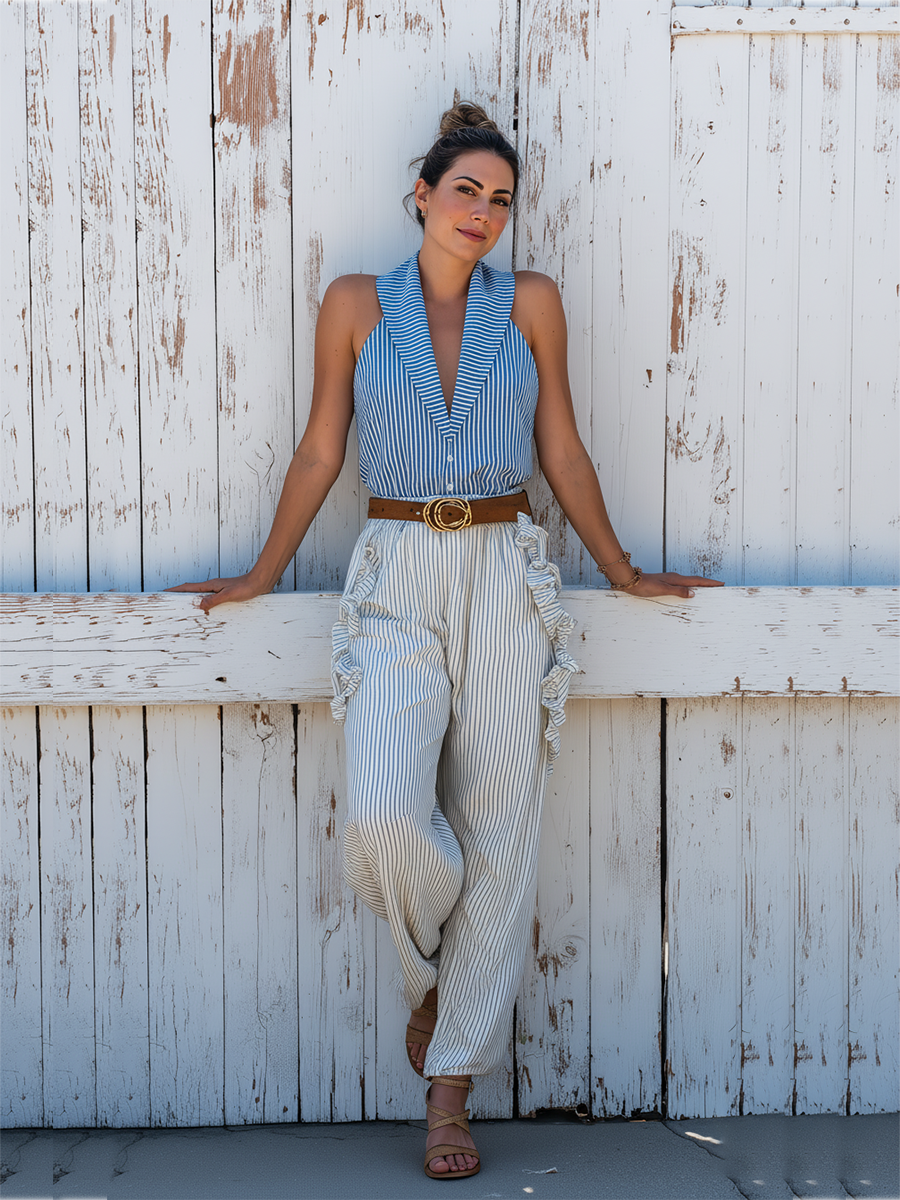 Cotton Linen Blend Striped Sleeveless Top and Wide Leg Pants Set with Ruffle Details