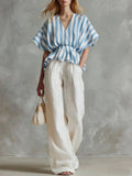 Striped V-Neck Peplum Top & Wide-Leg Pants Set