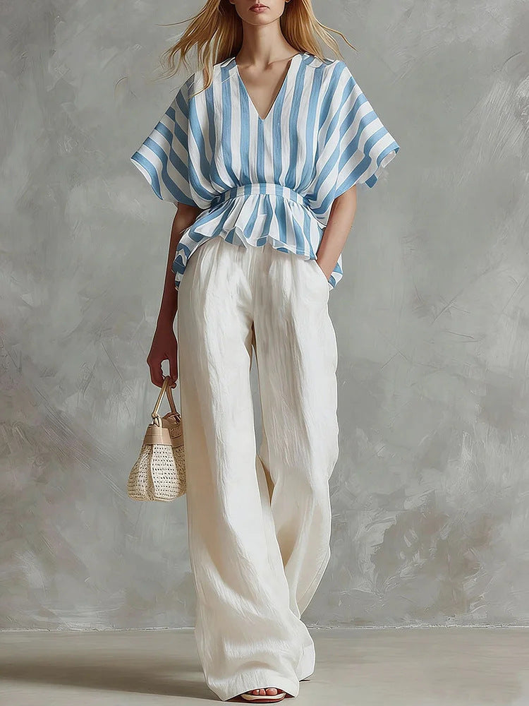 Striped V-Neck Peplum Top & Wide-Leg Pants Set