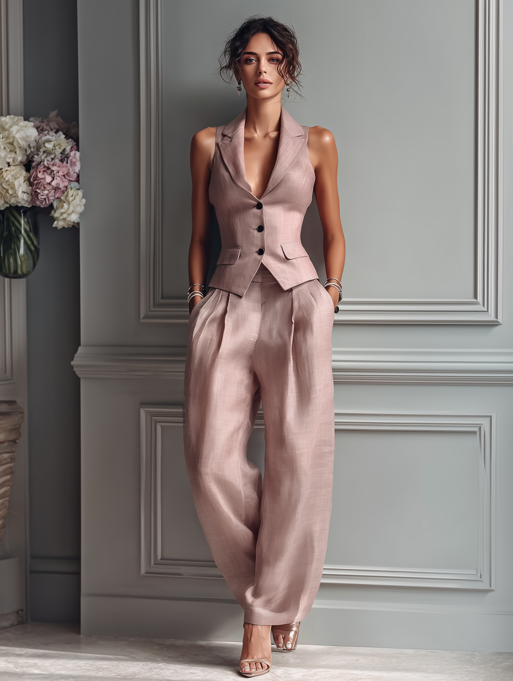 Linen Sleeveless Blazer Set for Women Pink Wide Leg Pants Suit Elegant Workwear Office Outfit