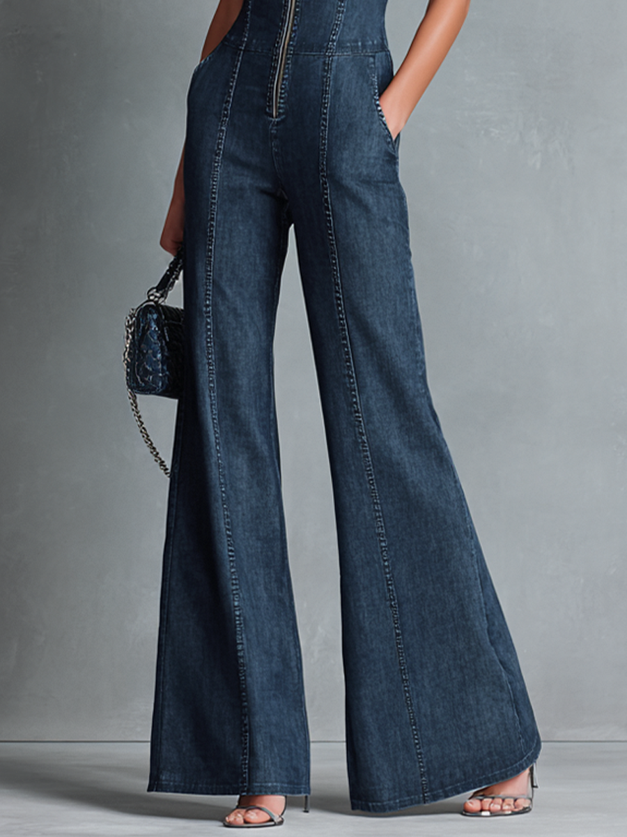 Denim Sleeveless Wide-Leg Jumpsuit with Front Zipper and High Neck Design