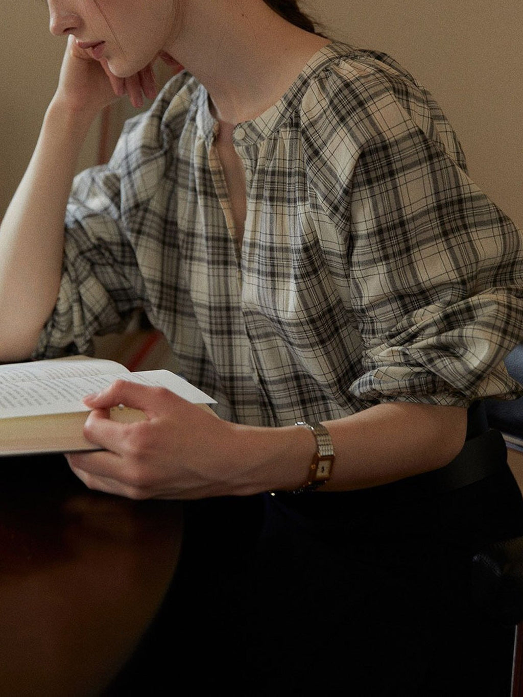 Gathered-Neck Plaid Blouse