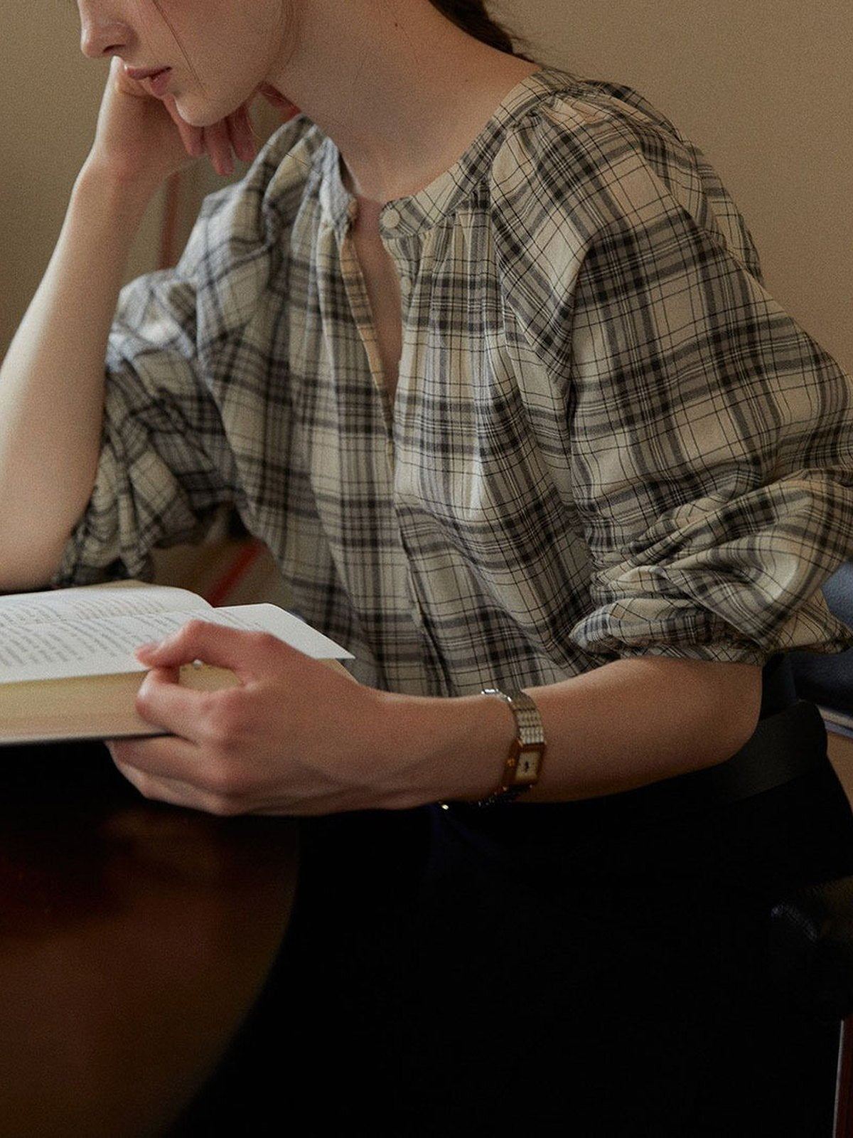 Gathered-Neck Plaid Blouse