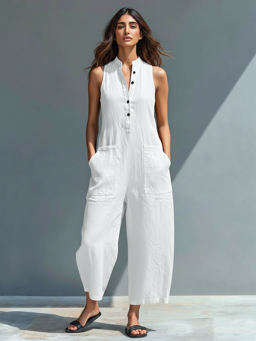 Linen Sleeveless Button Front Jumpsuit
