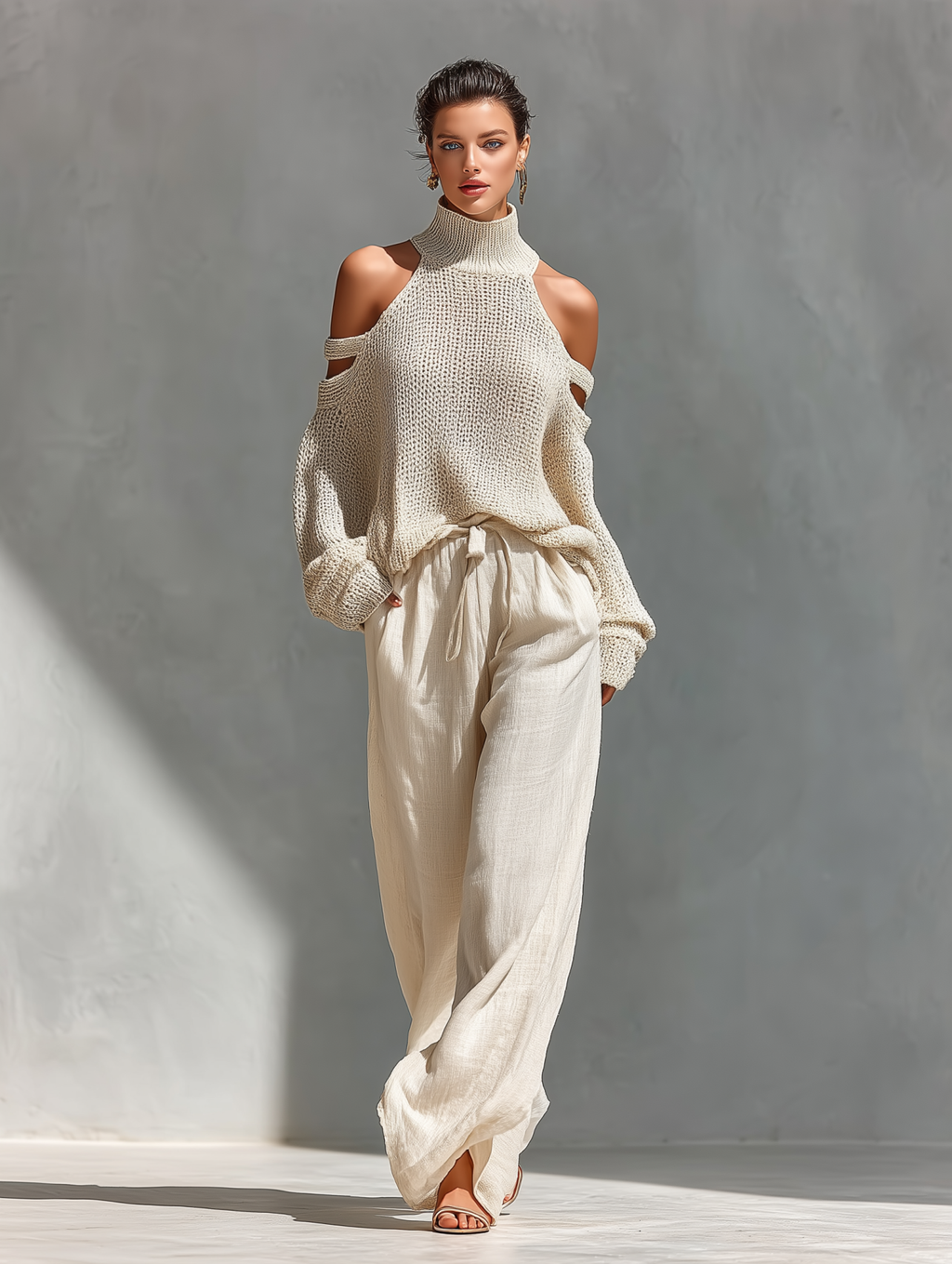 Knit Wool Off-Shoulder High Neck Sweater Set with Linen Wide Leg Pants