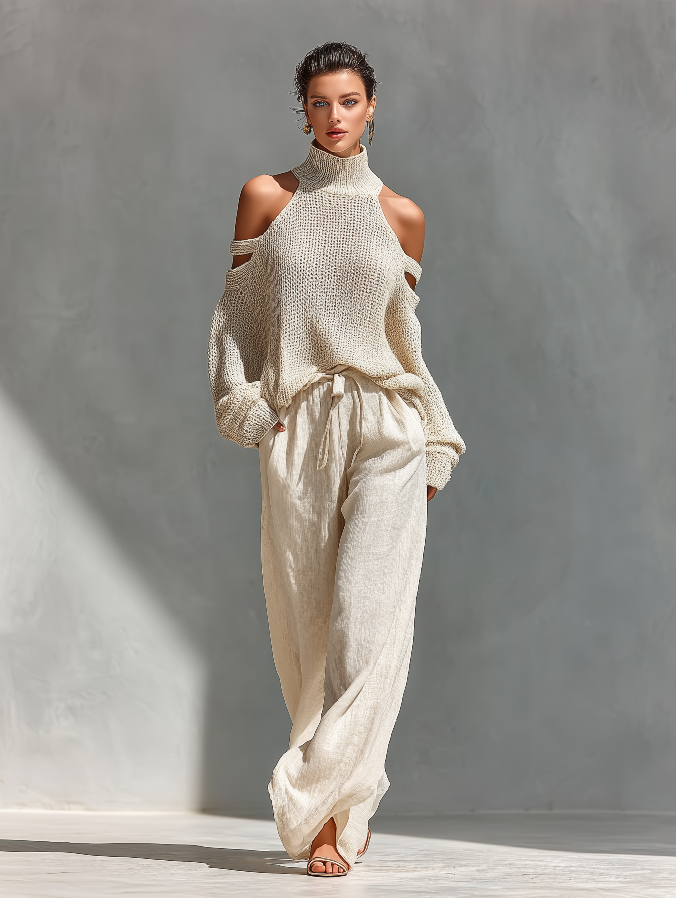 Knit Wool Off-Shoulder High Neck Sweater Set with Linen Wide Leg Pants