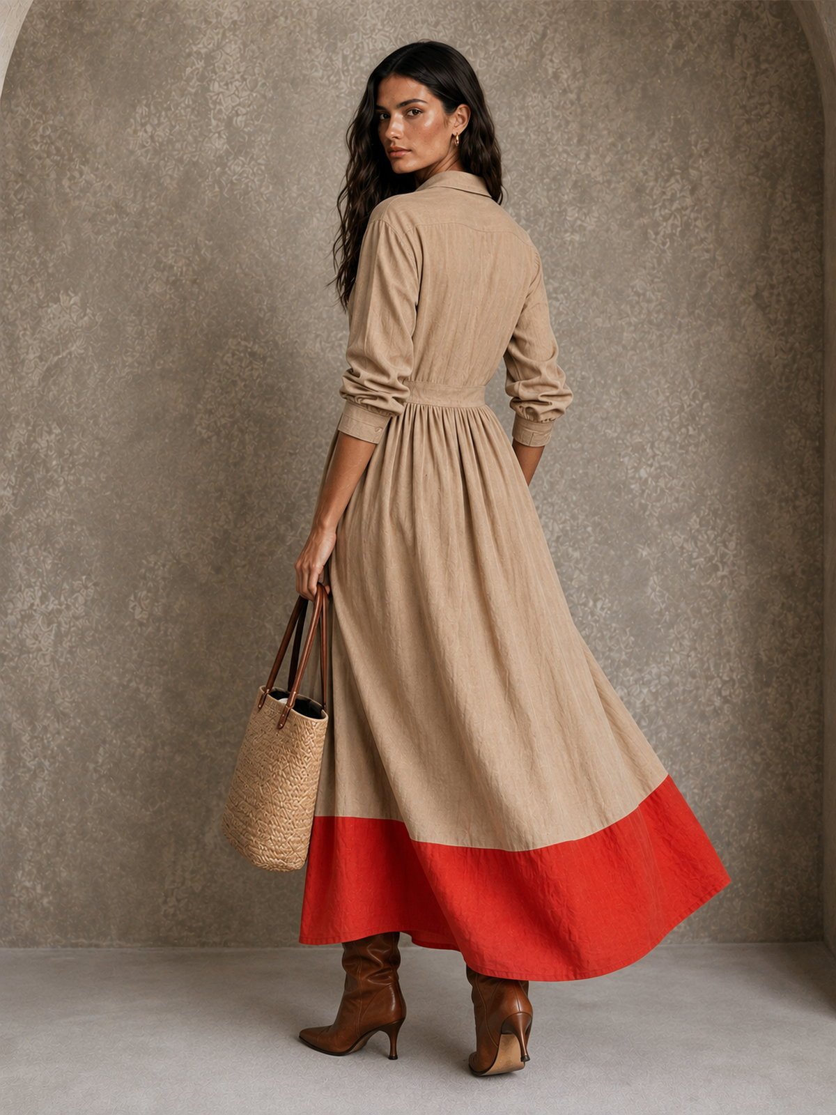 Contrast-Hem Maxi Shirt Dress