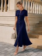 Pointelle Knit Button-Front Midi Dress
