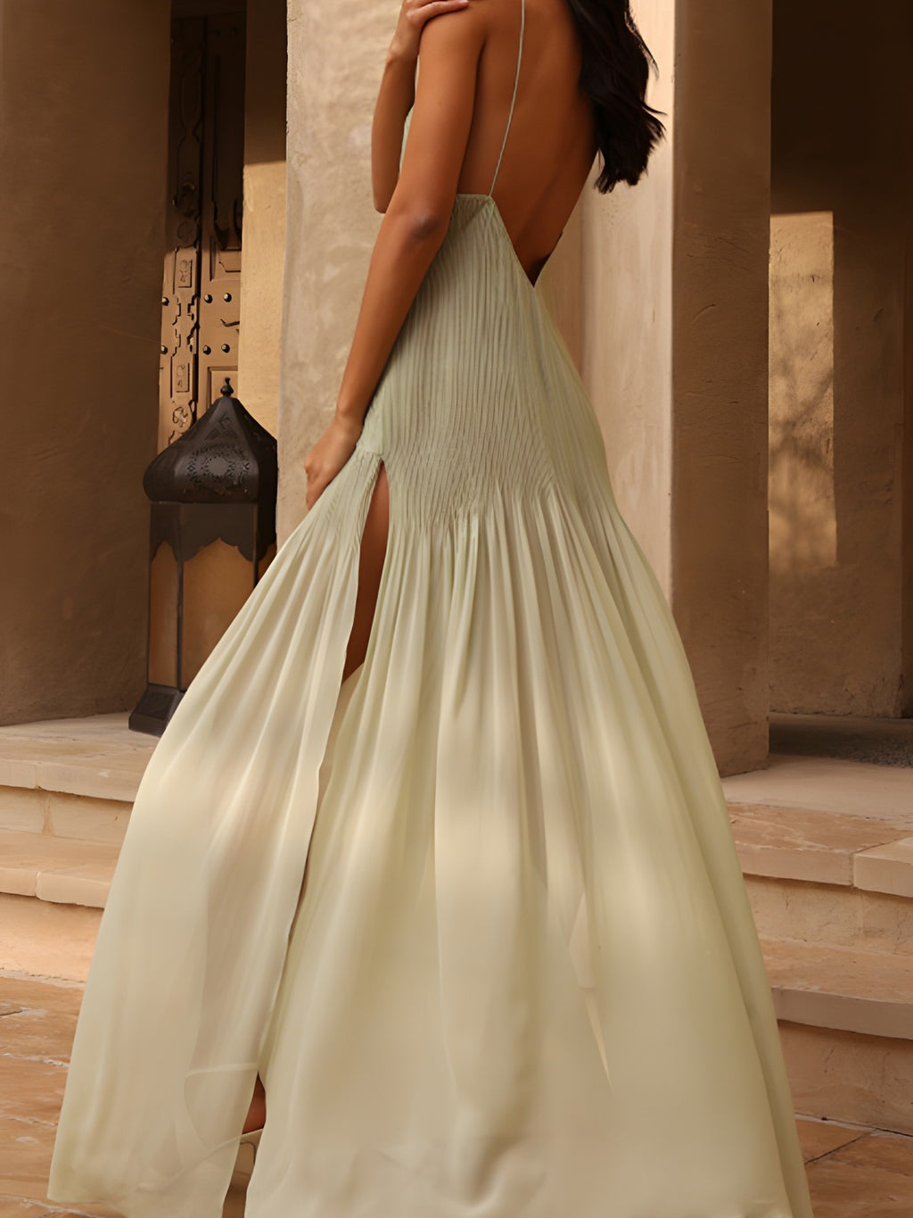 Pleated V Neck Maxi Dress