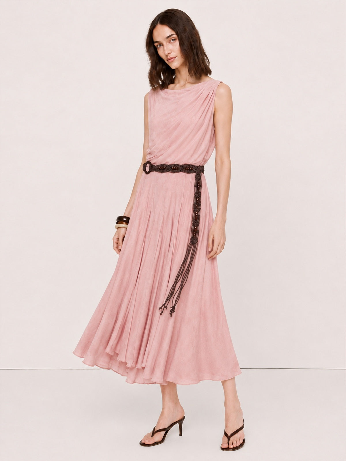 Gathered Split-Neck Tie-Waist Midi Dress