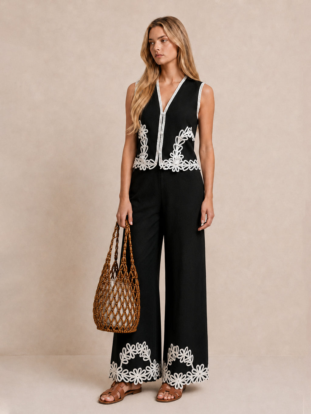 Floral Embroidered Vest & Wide Leg Pants Set