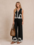 Floral Embroidered Vest & Wide Leg Pants Set